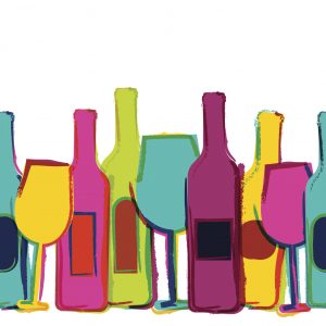 Abstract watercolor seamless background, colorful wine bottles and glasses. Concept for bar menu, party, alcohol drinks, holidays, wine list, flyer, brochure, poster, banner. Creative trendy design.